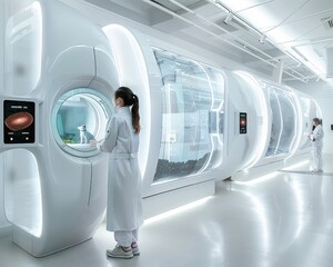 A futuristic pet adoption center with digital touchscreens and virtual reality tours, helping families find their perfect pet in a modern setting