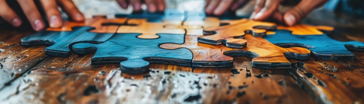 Business professionals' hands assembling wooden puzzle pieces, teamwork and synergy in the workplace, cohesive team dynamics