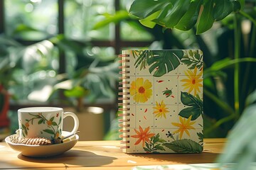 National Planner Day, flat design illustration, earthy tones, close-up of a planner with a calming nature theme, leaves and flowers decorating the pages, simple and serene composition