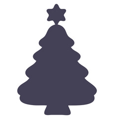 A simple black silhouette of a Christmas tree with a star on top, against a white background