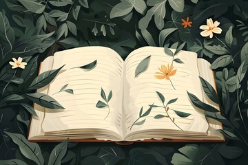 National Planner Day, flat design illustration, earthy tones, close-up of a planner with a calming nature theme, leaves and flowers decorating the pages, simple and serene composition