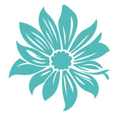 A large teal-colored flower with multiple petals and a white center
