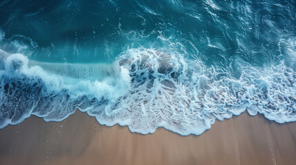 Aerial shot of a wave hitting the beach