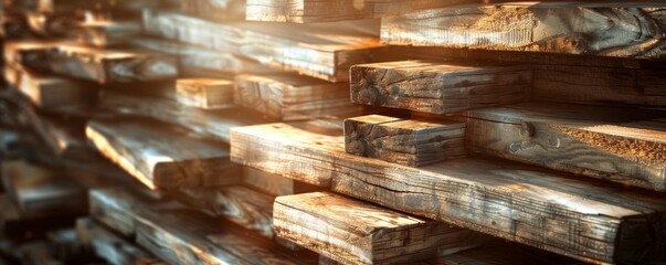 Naklejka premium Stack of wooden planks with sunlight, close-up view. Building materials and construction concept