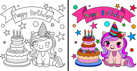 Cute unicorn with birthday cake. Coloring book.Vector illustration.