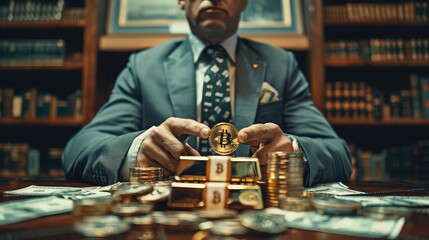 Wealthy boss sitting at a table piled with cash, holding a gold bar and bitcoin coin, highlighting financial success and dominance in cryptocurrency