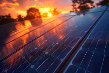 Instalación de paneles solares fotografiados al atardecer amanecer
