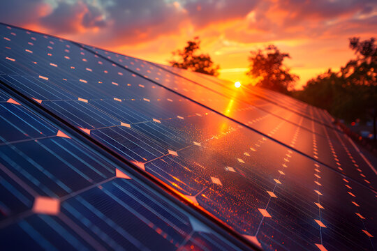 Instalaci&oacute;n de paneles solares fotografiados al atardecer amanecer