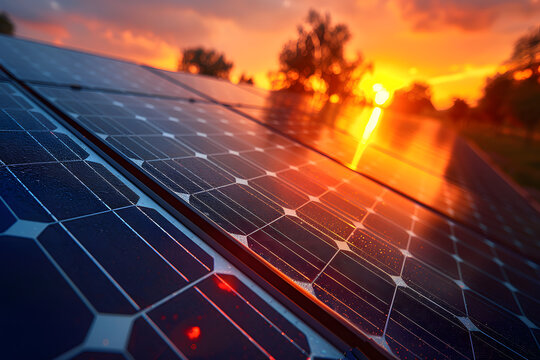 Instalaci&oacute;n de paneles solares fotografiados al atardecer amanecer