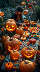 Halloween pumpkins at a traditional local regional organic market rural fair