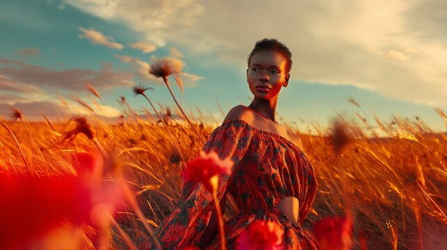 African woman in a red patterned dress stands in tall golden grass under a vivid sunset sky