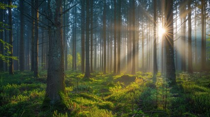 Fototapeta premium A misty forest is gently illuminated by the soft, golden rays of the morning sun, creating an ethereal and peaceful atmosphere amidst the tall trees and green undergrowth.