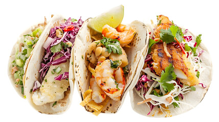  An ultra HD image of a grilled fish taco, a battered fish taco, and a shrimp taco, displayed neatly against a crisp white 