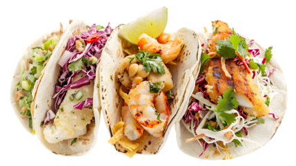  An ultra HD image of a grilled fish taco, a battered fish taco, and a shrimp taco, displayed neatly against a crisp white 