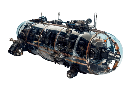 Modern deep sea exploration submarine isolated on clear transparent background