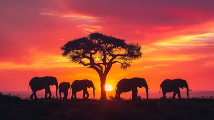 A beautiful scene showing elephants walking past a tree during sunset, the vibrant sky transforming them into mystical silhouettes. The orange and pink hues add a stunning backdrop.
