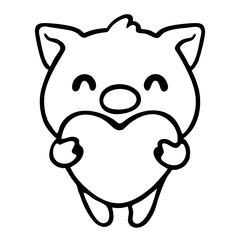 A cute cartoon pig holding a heart shape