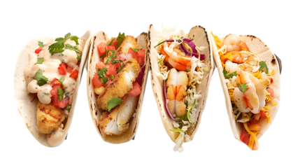  An ultra HD image of a grilled fish taco, a battered fish taco, and a shrimp taco, displayed neatly against a crisp white 