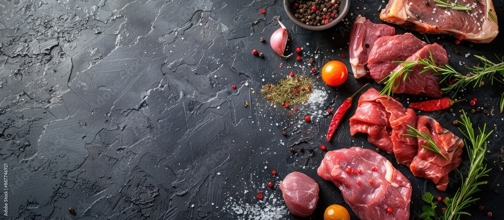 Wall mural Assorted raw meat with spices on a dark surface. Overhead view with room for text.