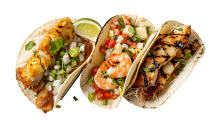  An ultra HD photograph showcasing grilled fish, battered fish, and shrimp tacos,on a transparent background