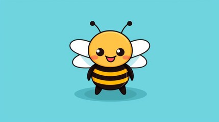 The image features a happy cartoon bee with prominent white wings, cute rosy cheeks, and a yellow and black striped body, set against an aqua blue background.