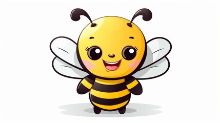 A cute cartoon bee with expressive eyes, antennae, and wings, standing on two legs, smiling cheerfully showcasing joy and happiness. The image is vibrant and fun.