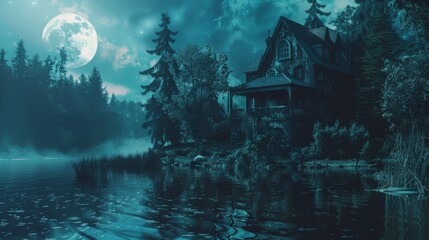 A serene night scene with a moonlit house nestled beside a forest lake, illuminated by moonlight, reflecting tranquility and peaceful isolation, surrounded by trees and calm water.