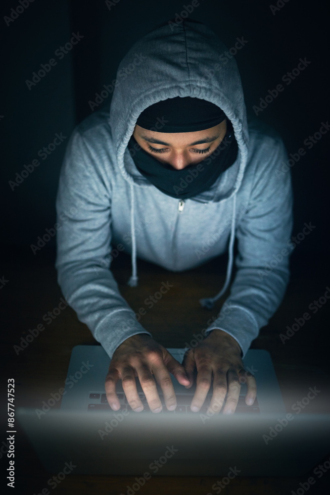 Poster Man, hacker and typing with computer in night for programming, software and working on project for system breach. Cybersecurity, dark and top view with technology, online and user experience for job.