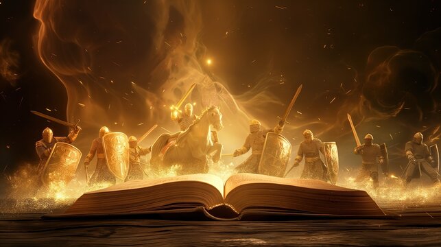an ancient book of fairy tales, above it holograms of fighting knights