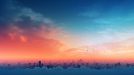Fototapeta premium An artistic representation of a cityscape silhouette at dawn, presenting the blend of nature and urban life with buildings and skies merging in hues of orange and blue.
