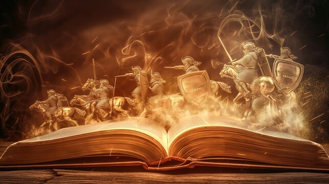 an ancient book of fairy tales, above it holograms of fighting knights