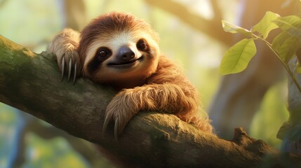 Fototapeta premium An adorable sloth is seen lounging on a tree branch in a bright, serene natural habitat, showcasing its calm and relaxed demeanor, creating a peaceful atmosphere.