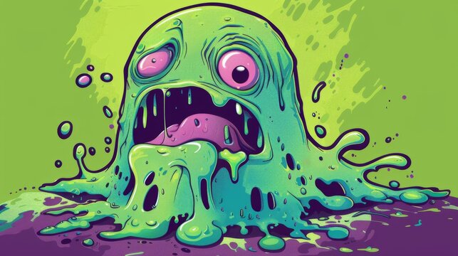 A colorful animated green slime monster with large purple eyes and an expression of surprise, adding a fun and whimsical touch to the illustration.