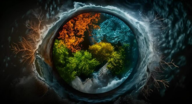 The four elements of nature--earth, wind, fire, and water--in a breathtaking circular design on a dramatic dark background. 