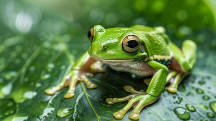 Obraz premium A detailed close-up image of a green frog with intricate markings, sitting on a water-dappled green leaf, highlighting the natural beauty and textures after rainfall.