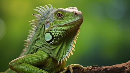 Obraz premium This image showcases a vibrant green iguana perched on a branch with an intricate texture and detailed scales, set against a blurred natural background.