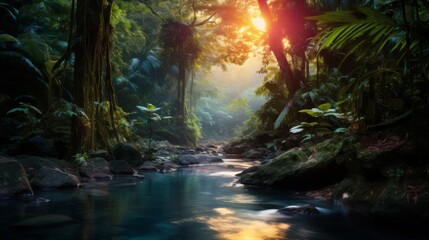 The sunset casts vibrant colors on a jungle river scene, with the golden light filtering through the dense foliage, creating an atmosphere of tranquility and natural beauty.