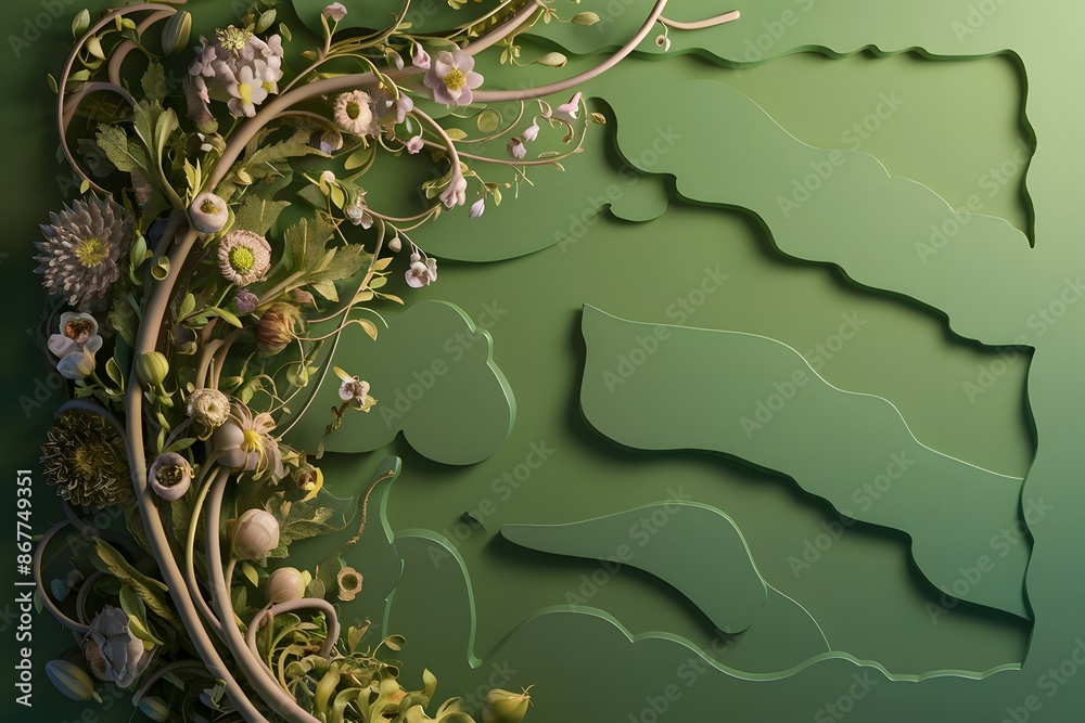 Wall mural green flat wall with flower ornament