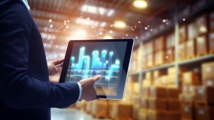 Obraz premium A business professional holding a tablet with a graphical interface, standing in a large warehouse filled with boxes, symbolizing data management and logistics operations.