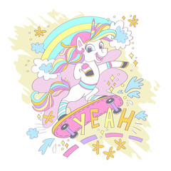 Cute unicorn on a skateboard card vector illustration