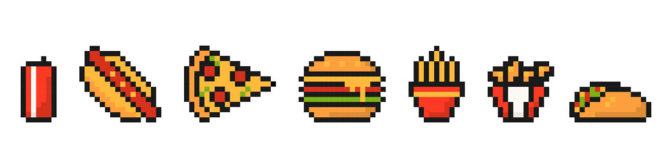 Pixel fast food icon. Appetizing slice of pizza with pixelated hamburger and taco with fried wings and vector fries