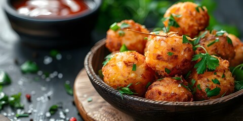 Fototapeta premium The History of Portuguese Codfish Fritters. Concept Portuguese Cuisine, Bacalhau Recipes, Traditional Dishes, Culinary History, Portuguese Fritters