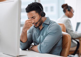 Call center, stress and man with headache for customer service complaint, mistake and fail....