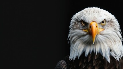 Obraz premium Bald eagle portrait with intense gaze black backdrop room for text