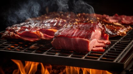 Delicious slices of grilled meat are cooking on a barbecue grill with flames underneath, indicating a typical summer cookout filled with flavor and grilling perfection.