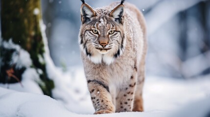 Obraz premium A lynx making its way confidently through a snow-draped forest, with its sharp eyes and magnificent fur standing out, capturing the essence of winter wildlife.