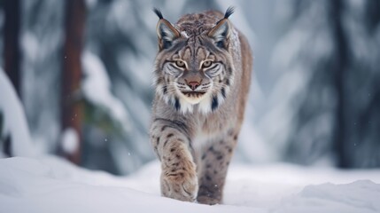 Obraz premium In this image, a focused lynx is seen stalking through the pristine snowy landscape, illustrating its hunting prowess and the harsh yet breathtaking winter environment.
