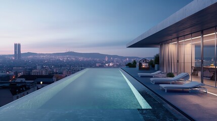 Fototapeta premium swimming pool with panoramic sunset views in the metropolis