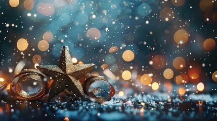 Festive Christmas card with star snow and ribbon on blurred bokeh backdrop