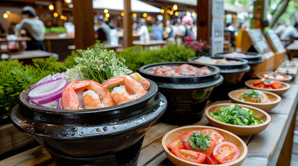 Sashimi and shrimps in a bowl on wooden table